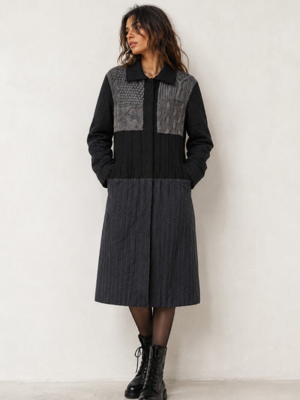 MIXER Patchwork Knit Embroidered Pinstripe Long Coat Women’s S Wearable Art